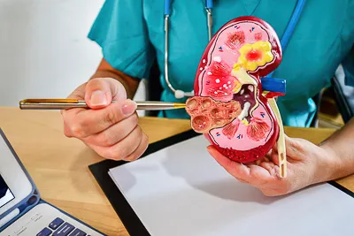 Profesional médico sostiene modelo anatómico de un riñón humano con cáncer, explicando zonas afectadas.