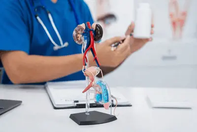 modelo anatomico del sistema urinario durante explicacion medica en consulta urologica