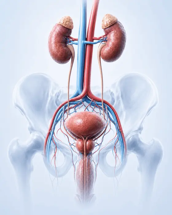 disfuncion_erectil_sistema_urinario_masculino_salud_sexual_queretaro_560x700 Ilustracion anatomica del sistema urinario masculino relacionada con disfuncion erectil y salud sexual masculina
